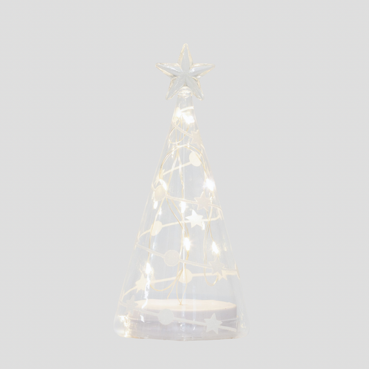 20cm Clear Glass Cone Tree with White Stars and Dots