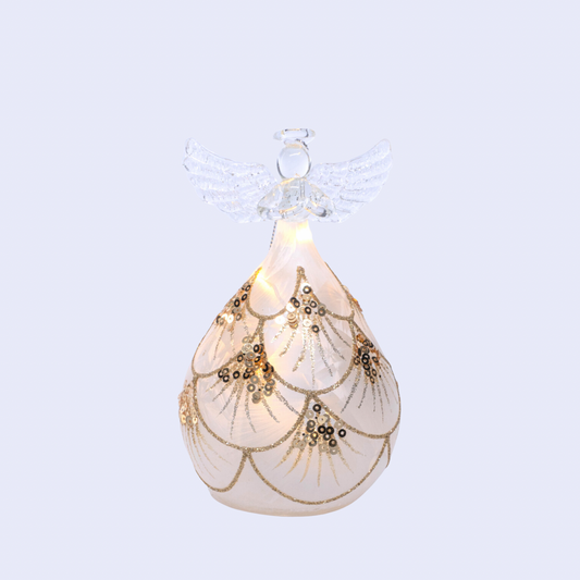 12cm Round Glass Angel Gold with Sequins Frosted