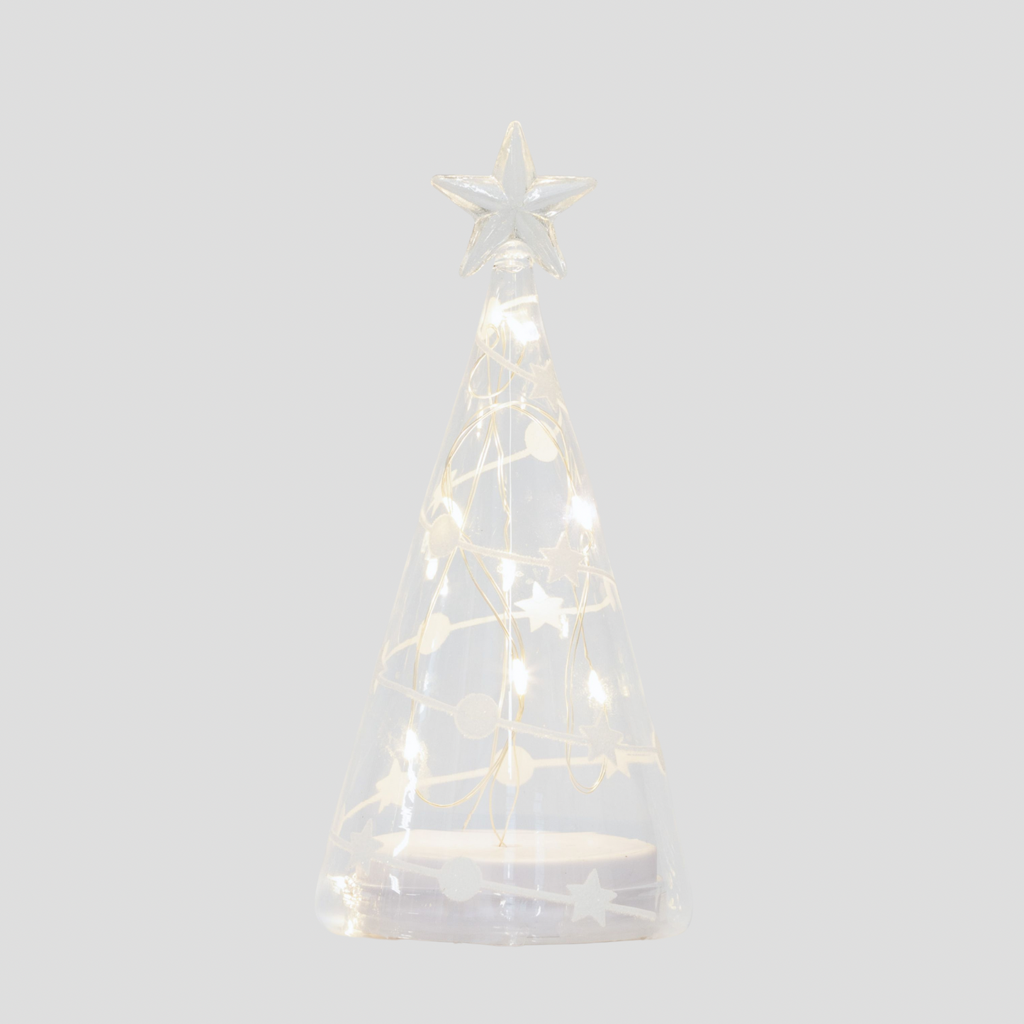 20cm Clear Glass Cone Tree with White Stars and Dots