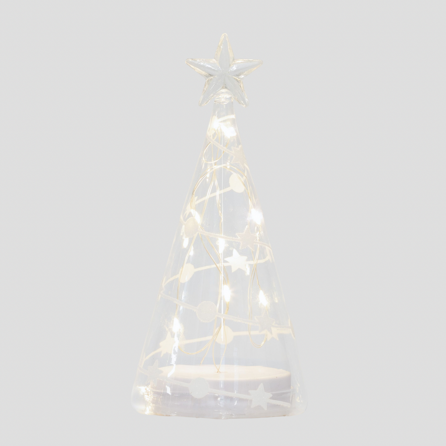 23cm Clear Glass Cone Tree with White Stars and Dots