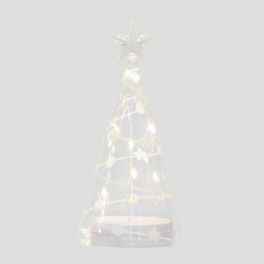 23cm Clear Glass Cone Tree with White Stars and Dots